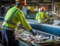 Workers sorting trash on conveyor belt, organizing trash to be recycled. Generative AI Royalty Free Stock Photo