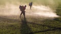 Workers spraying herbicides.