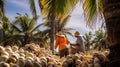 Workers on Thai coconut farms cultivate and harvest.AI Generated