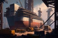 workers, tools, and materials on massive shipbuilding yard