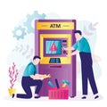 Workers with tools repairing faulty bankomat. Repairmen servicing broken terminal. Atm service, financial transactions. Cash