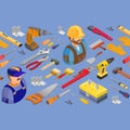 Workers and tools seamless pattern. Isometric Vector background Royalty Free Stock Photo