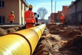 Workers in uniform laying a yellow pipeline in a trench. Generative AI