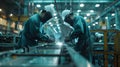 workers in uniform and protective masks are welding the structure on the construction Royalty Free Stock Photo