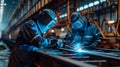 workers in uniform and protective masks are welding the structure on the construction Royalty Free Stock Photo