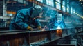 workers in uniform and protective masks are welding the structure on the construction Royalty Free Stock Photo