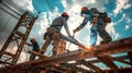 workers in uniform and protective masks are welding the structure on the construction Royalty Free Stock Photo