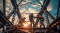 workers in uniform and protective masks are welding the structure on the construction Royalty Free Stock Photo