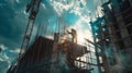 workers in uniform and protective masks are welding the structure on the construction Royalty Free Stock Photo