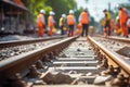 Workers in uniform tighten bolts. Installation of railway rails for trams and reconstruction of tram tracks. Generative AI