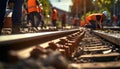 Workers in uniform tighten bolts. Installation of railway rails for trams and reconstruction of tram tracks. Generative AI