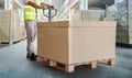 Workers Unloading Cargo Boxes on Pallets in Warehouse. Cartons Cardboard Boxes. Shipping Warehouse. Delivery. Shipment Goods. Royalty Free Stock Photo