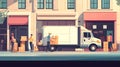 Workers Unloading Delivery Boxes from a Truck in an Urban Area with Buildings in the Background. Generative AI Royalty Free Stock Photo
