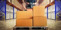 Workers Unloading Package Boxes on Pallets in Storage Warehouse. Supplies Shipment, Supply Chain, Distribution Warehouse Shipping. Royalty Free Stock Photo