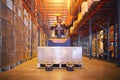 Workers Unloading Package Boxes on Pallets in Warehouse. Forklift Pallet Jack Loader. Tall Shelf Storage Warehouse Royalty Free Stock Photo