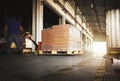 Workers Unloading Packaging Boxes on Pallets in Warehouse. Cartons, Package Boxes. Shipping Supplies Warehouse Logistics Royalty Free Stock Photo