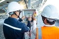 Workers use clamp meter to measure the current of electrical wires produced from solar energy for confirm to normal current