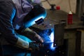 Workers use manuMetalal labor. Skilled welder. Factory workers making OT. Welder is welding the steel in the factory