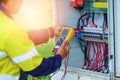 Workers use Multimeter to measure the voltage of electrical wires produced from solar energy for confirm to systems working normal