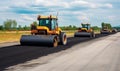 Workers using heavy machinery to lay new asphalt road at construction site. Creating using generative AI tools Royalty Free Stock Photo