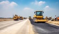 Workers using heavy machinery to lay new asphalt road at construction site Creating using generative AI tools Royalty Free Stock Photo