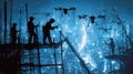 Workers Operate Drones at Night in a Bustling City, Showcasing Innovation in Construction and Technology in the Urban Royalty Free Stock Photo