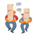 Workers of warehouse holding parcels, two man in loader uniform carrying stack of boxes Royalty Free Stock Photo