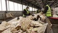 Workers at the waste processing plant. Sorting trash on a conveyor belt