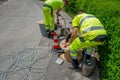 Workers who are laying the cables for the connection of the optical fiber