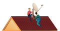 Workers work on roof. Two workers install a satellite dish on the roof. Antenna for television and internet. Service