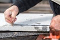 Workers are working, cutting marble cutter