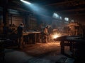 Workers working in a factory with sparks in the air