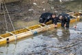 Workers working in river water