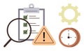 Workflow checklist with magnifier, warning sign, clock, and gear for task management and analysis Royalty Free Stock Photo