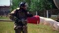 Workflow. Clip. Firefighters in uniform check the equipment and pour foam and water.