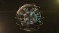 Cell virus deflates and dies inside a spiral frame sphere over glowing light background.