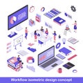 Workflow isometric vector illustrations set. Working process organization, workplace, workspace items. Infographics, data Royalty Free Stock Photo