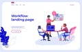 Workflow landing page. Office people team interacting with business dashboard and communicating. Vector work