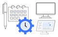 Time Management, Task Planning, and Productivity Concept with Calendar, Pen, Gear, and Computer Screens Royalty Free Stock Photo