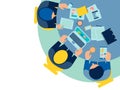 Workflow in the office. Three persons. Desktop in minimalist style. Cartoon vector