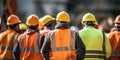 workforce. workers with helmets and safety vests ready to work at construction site