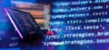 Working atmosphere of a programmer at home, IT business. Monitor closeup of function source code. Project managers Royalty Free Stock Photo