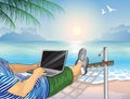 Working on the beach with a laptop Royalty Free Stock Photo