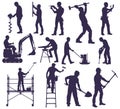 Working builders. Set of silhouettes of working builders