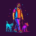 Guy dog walker walking dogs. Working or business, friendship. Cartoon vector illustration Royalty Free Stock Photo