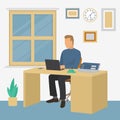 Working businessman with laptop sitting at desk in office by job vector illustration. Royalty Free Stock Photo