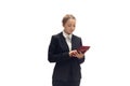 Young woman, accountant, booker in office suit isolated on white studio background Royalty Free Stock Photo