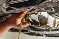 A working car mechanic unscrews the drain plug of the crankcase on the pallet to drain and replace the engine oil Royalty Free Stock Photo