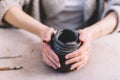 Working with clay in pottery ceramics workshop Royalty Free Stock Photo