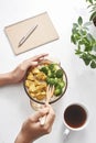 Working with a coffee break in the daytime. With lunch Rice topped with stir-fried chicken and broccoli, Coffee. With my favorite Royalty Free Stock Photo